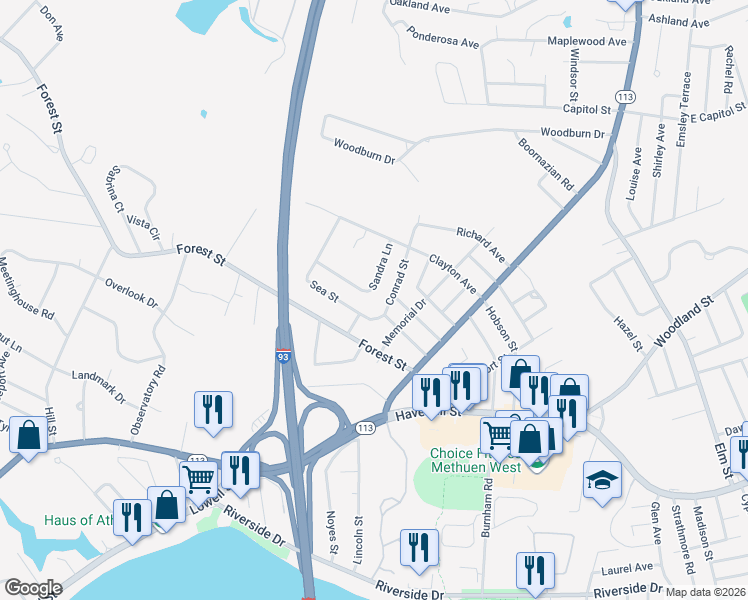 map of restaurants, bars, coffee shops, grocery stores, and more near 10 Church Street in Methuen