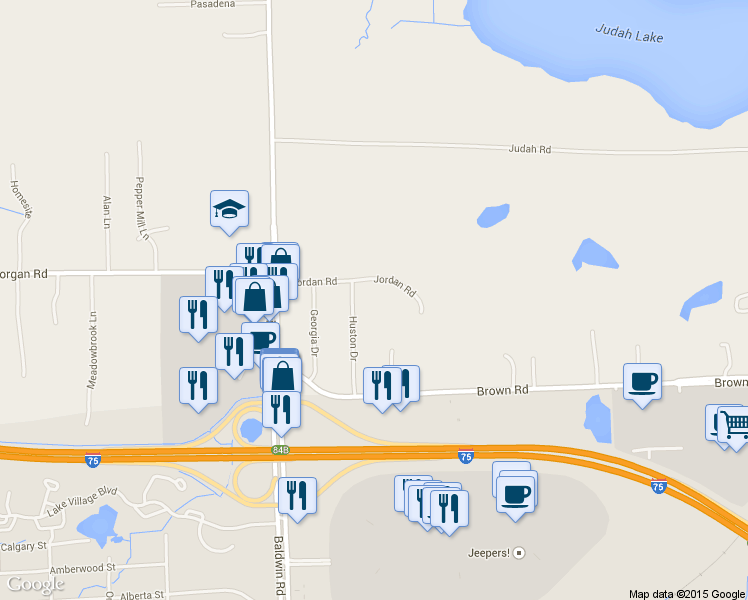 map of restaurants, bars, coffee shops, grocery stores, and more near 4801 Huston Drive in Orion charter Township
