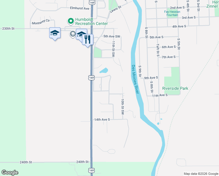 map of restaurants, bars, coffee shops, grocery stores, and more near 910 11th Street Southwest in Humboldt
