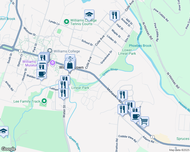 map of restaurants, bars, coffee shops, grocery stores, and more near 628-690 Mohawk Trail in Williamstown