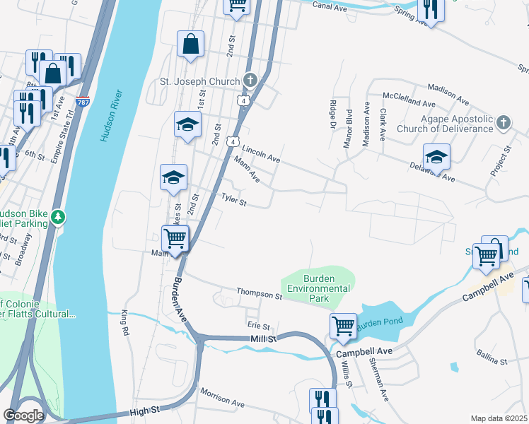 map of restaurants, bars, coffee shops, grocery stores, and more near 84 Tyler Street in Troy