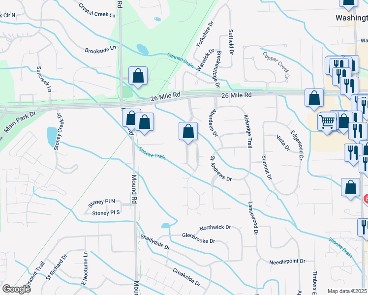 map of restaurants, bars, coffee shops, grocery stores, and more near 56510 Scotland Boulevard in Macomb County