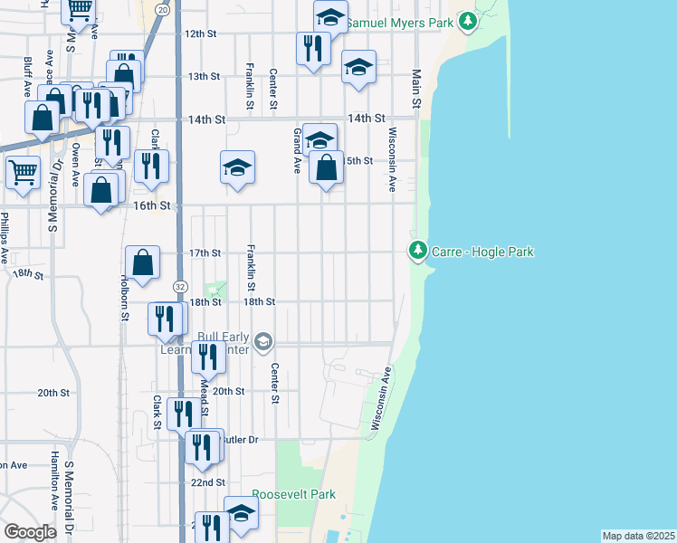 map of restaurants, bars, coffee shops, grocery stores, and more near 1744 Park Avenue in Racine