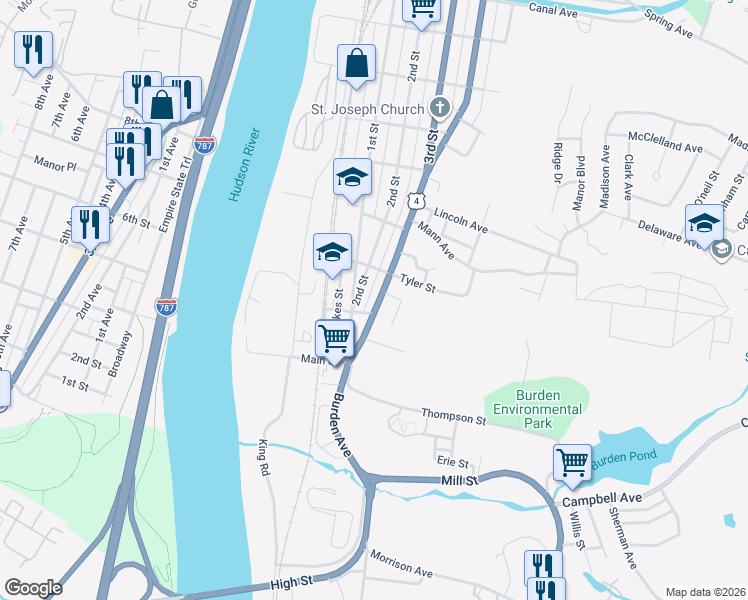 map of restaurants, bars, coffee shops, grocery stores, and more near 639 4th Street in Troy