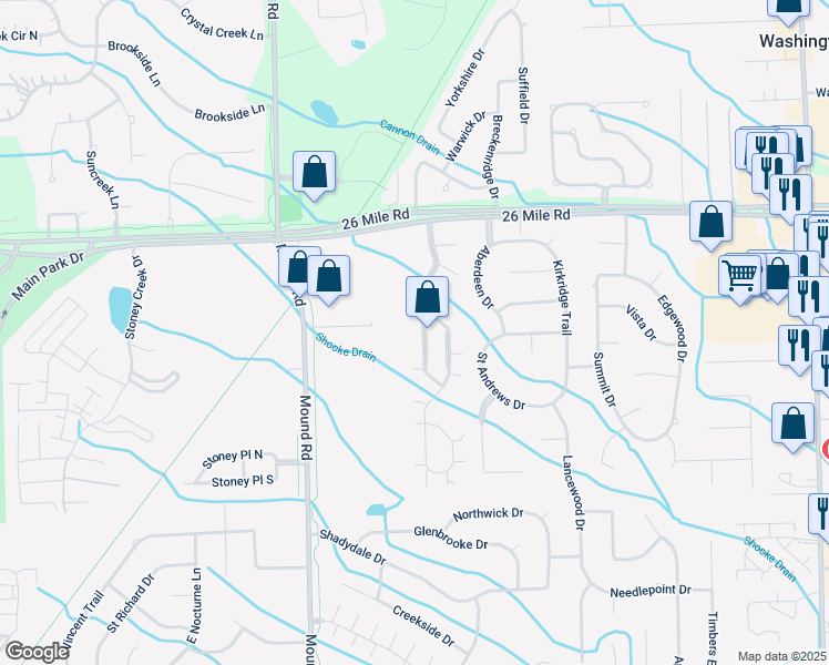 map of restaurants, bars, coffee shops, grocery stores, and more near 56649 Scotland Boulevard in Shelby charter Township