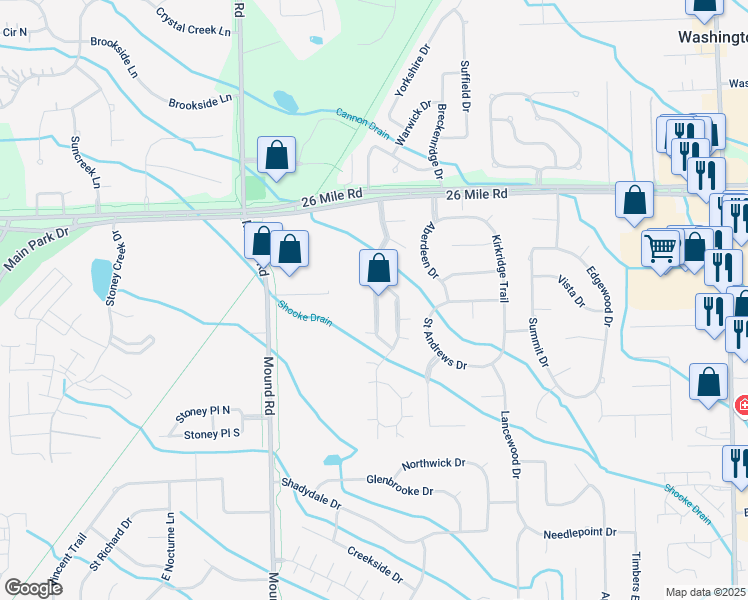 map of restaurants, bars, coffee shops, grocery stores, and more near 56649 Scotland Boulevard in Utica