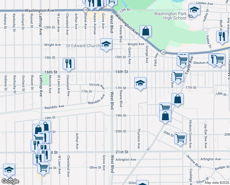 map of restaurants, bars, coffee shops, grocery stores, and more near 1745 West Boulevard in Racine
