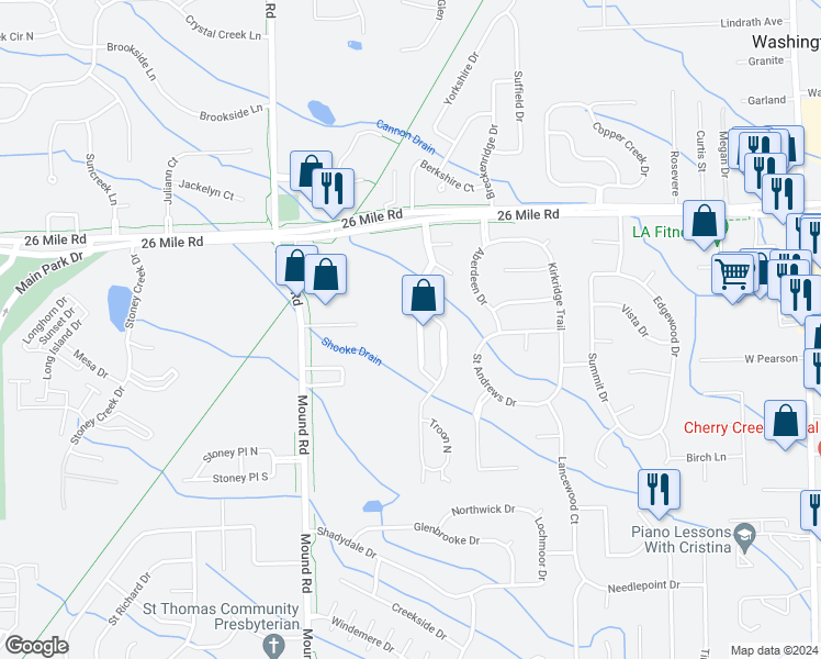 map of restaurants, bars, coffee shops, grocery stores, and more near 56653 Scotland Boulevard in Shelby Charter Township