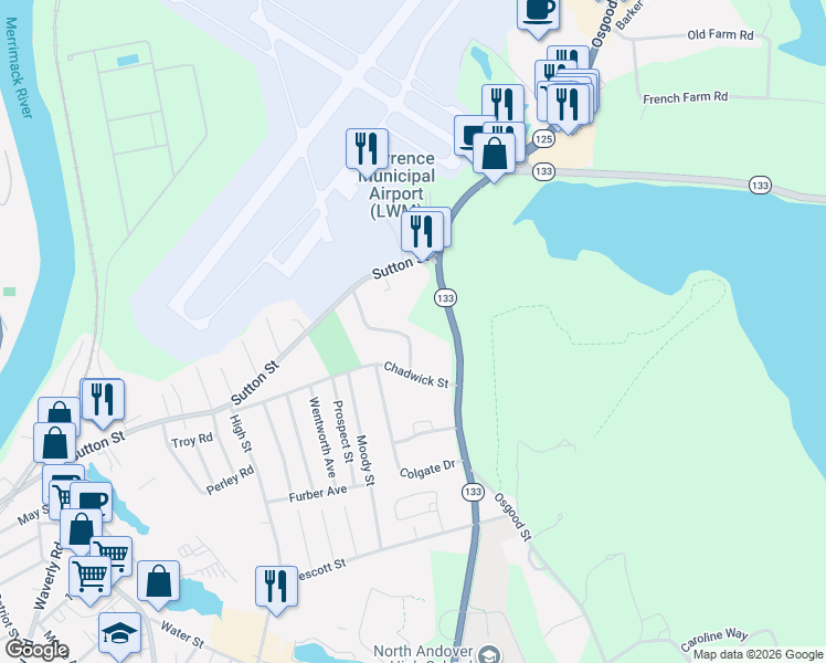 map of restaurants, bars, coffee shops, grocery stores, and more near 67 Surrey Drive in North Andover