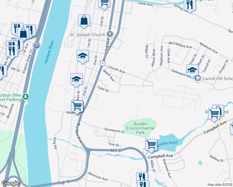 map of restaurants, bars, coffee shops, grocery stores, and more near 84 Tyler Street in Troy
