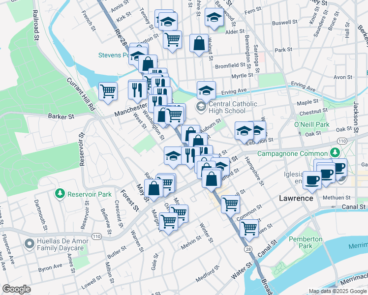 map of restaurants, bars, coffee shops, grocery stores, and more near 352 Broadway in Lawrence