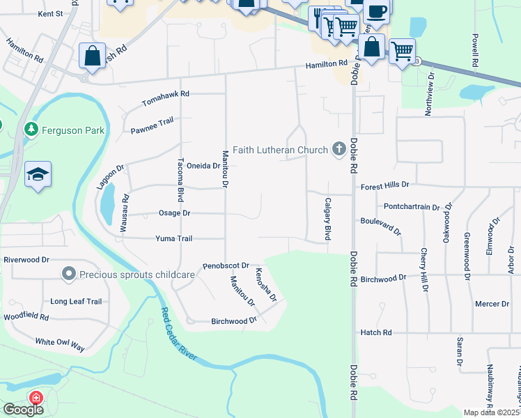 map of restaurants, bars, coffee shops, grocery stores, and more near 1826 Osage Drive in Meridian charter Township