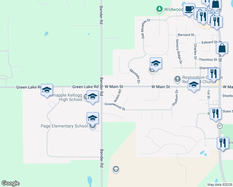 map of restaurants, bars, coffee shops, grocery stores, and more near 1015 West Main Street in Middleville