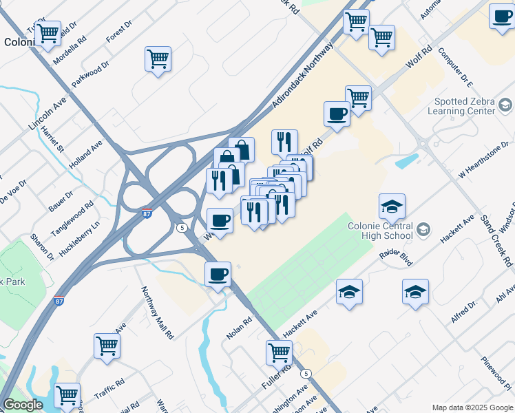 map of restaurants, bars, coffee shops, grocery stores, and more near 1425 Central Avenue in Albany