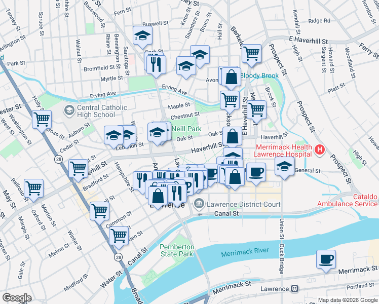 map of restaurants, bars, coffee shops, grocery stores, and more near 45 Franklin Street in Lawrence