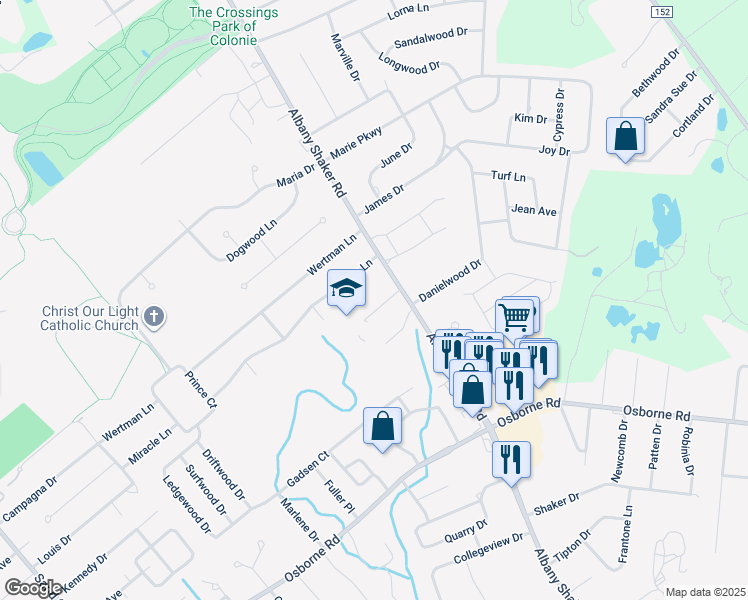map of restaurants, bars, coffee shops, grocery stores, and more near 4 Miracle Lane in Albany