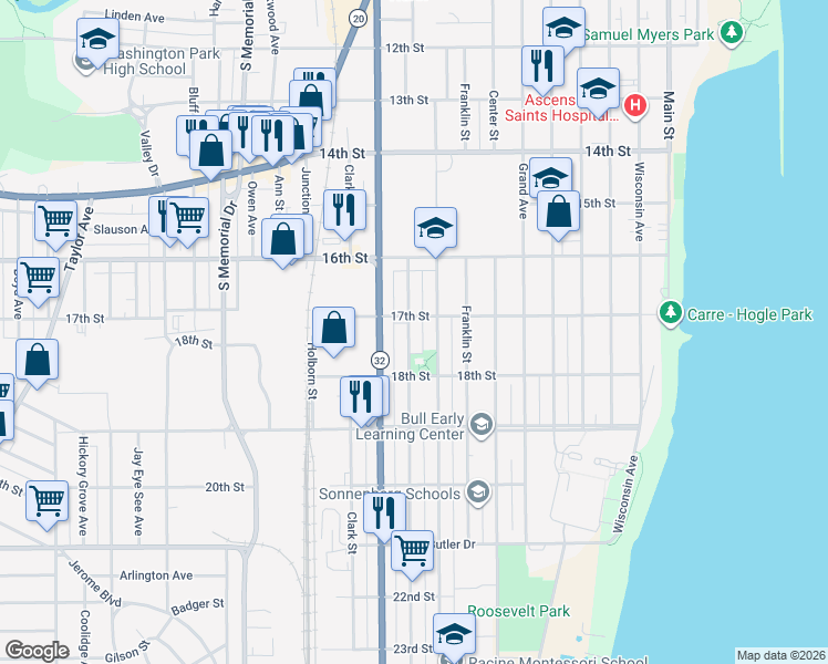 map of restaurants, bars, coffee shops, grocery stores, and more near 1646 Howe Street in Racine