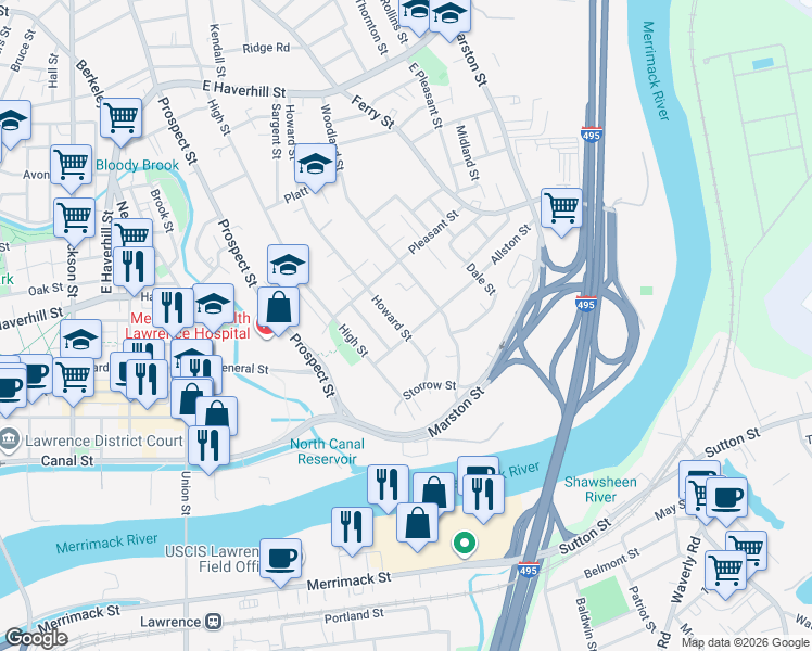 map of restaurants, bars, coffee shops, grocery stores, and more near 169 Howard Street in Lawrence