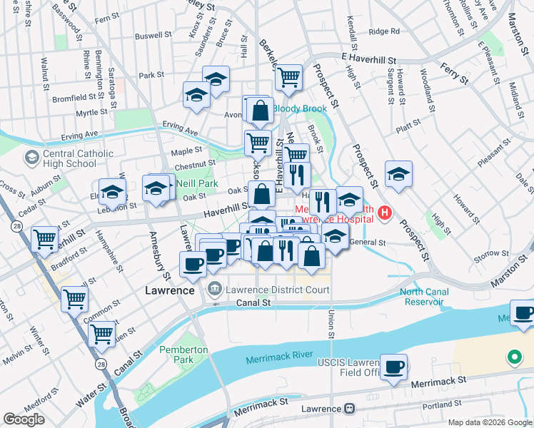 map of restaurants, bars, coffee shops, grocery stores, and more near 120 Haverhill Street in Lawrence
