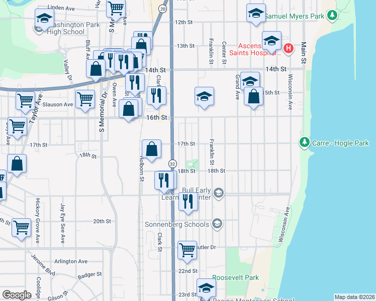 map of restaurants, bars, coffee shops, grocery stores, and more near 1646 Howe Street in Racine