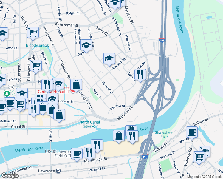 map of restaurants, bars, coffee shops, grocery stores, and more near 169 Howard Street in Lawrence