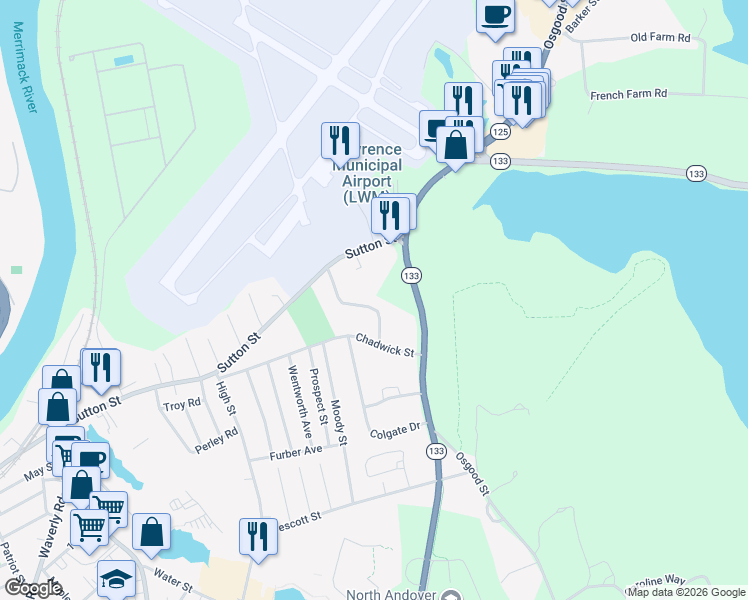 map of restaurants, bars, coffee shops, grocery stores, and more near 59 Surrey Drive in North Andover
