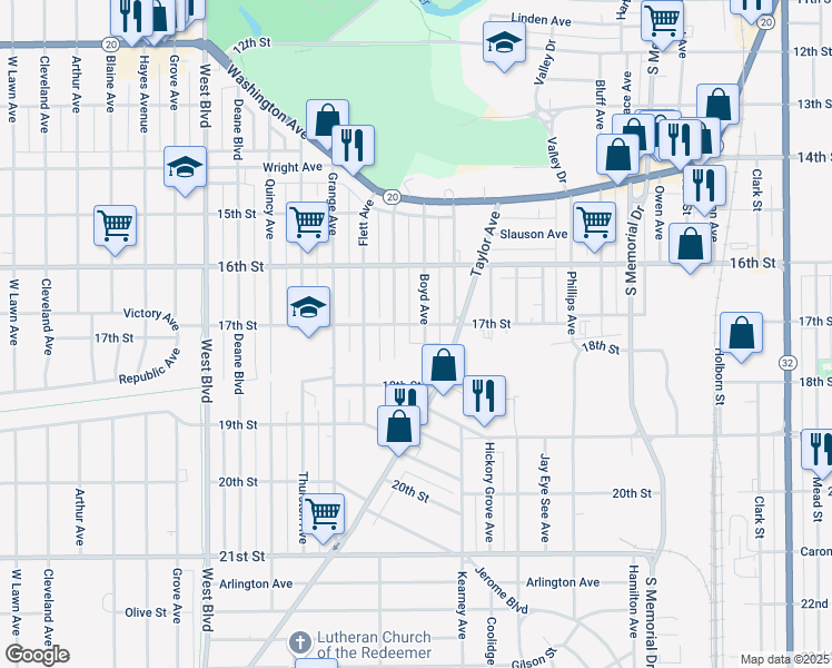 map of restaurants, bars, coffee shops, grocery stores, and more near 1649 Holmes Avenue in Racine