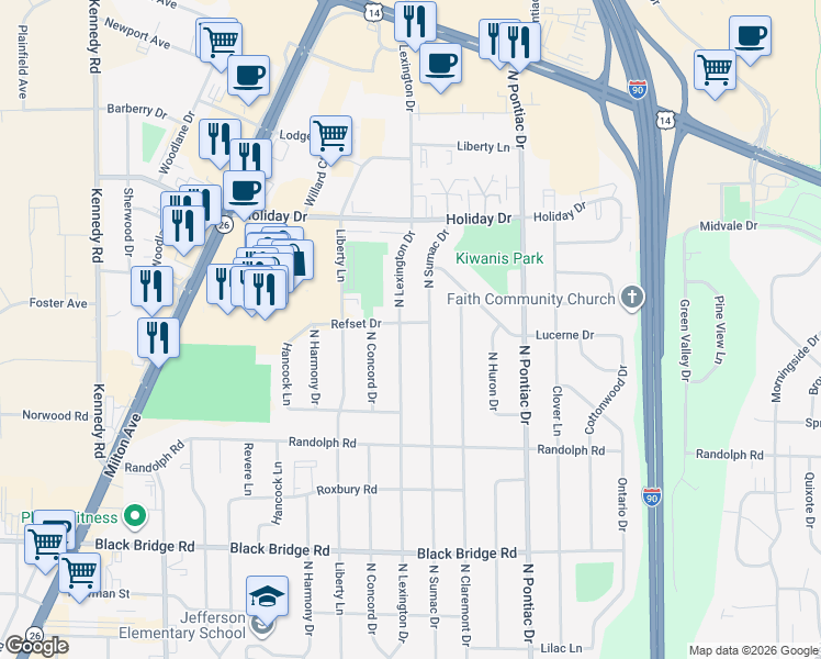 map of restaurants, bars, coffee shops, grocery stores, and more near 2323 Refset Drive in Janesville