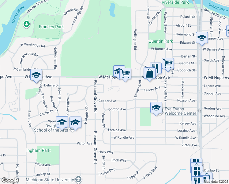 map of restaurants, bars, coffee shops, grocery stores, and more near 2001 West Mount Hope Avenue in Lansing
