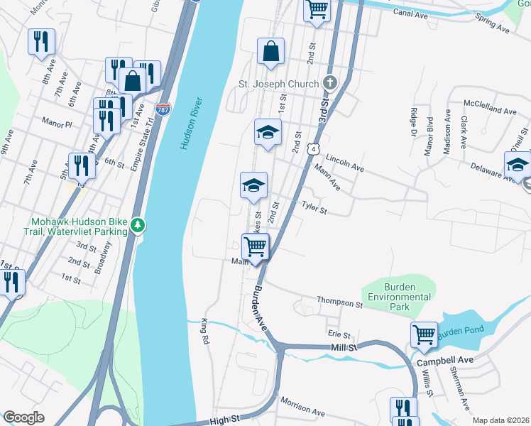 map of restaurants, bars, coffee shops, grocery stores, and more near 4 Tyler Street in Troy