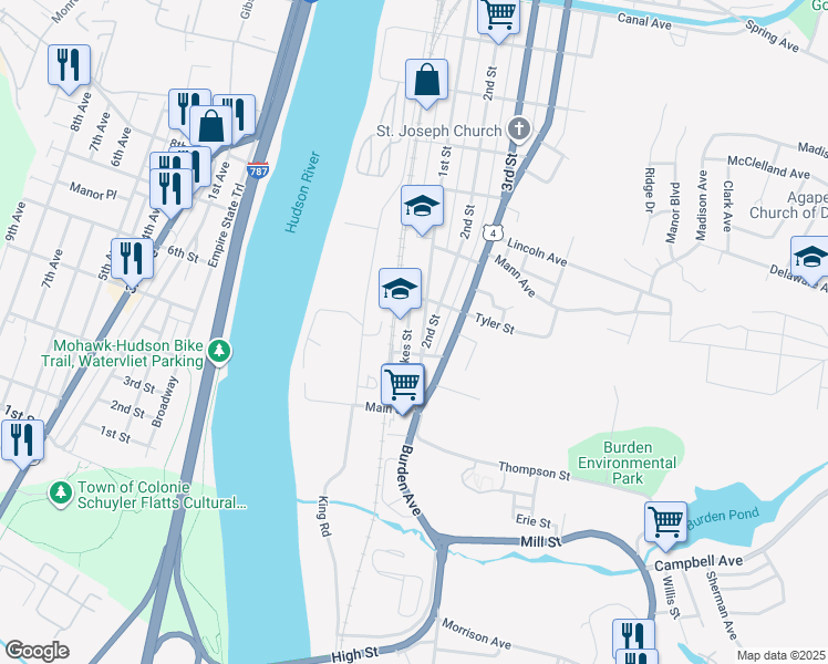 map of restaurants, bars, coffee shops, grocery stores, and more near 4 Tyler Street in Troy