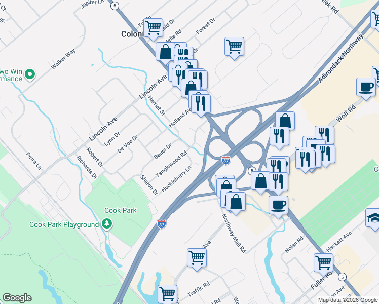 map of restaurants, bars, coffee shops, grocery stores, and more near 13 Tanglewood Road in Colonie