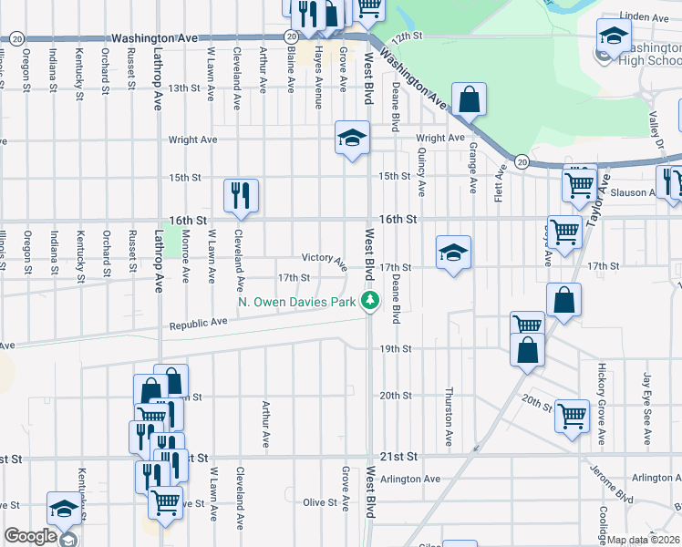 map of restaurants, bars, coffee shops, grocery stores, and more near 1638 Grove Avenue in Racine