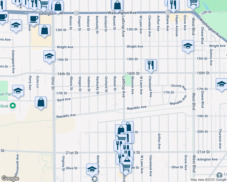 map of restaurants, bars, coffee shops, grocery stores, and more near 4016 Victory Avenue in Racine