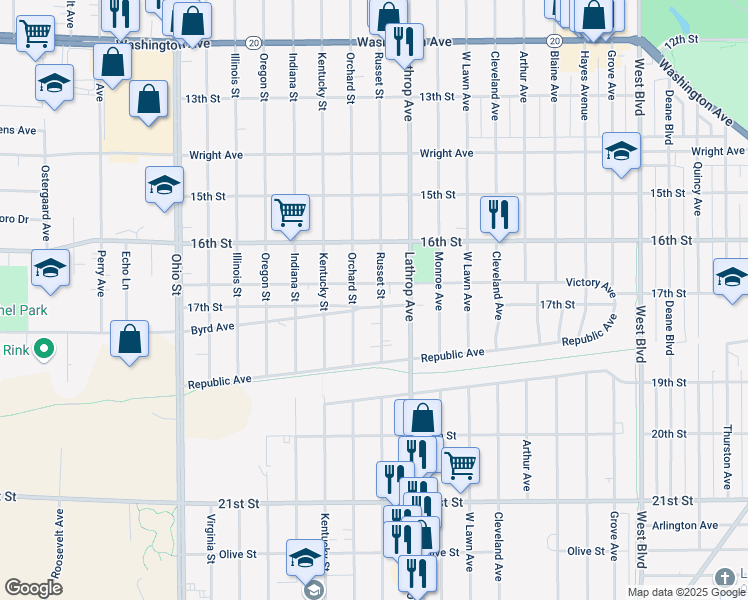 map of restaurants, bars, coffee shops, grocery stores, and more near 4016 Victory Avenue in Racine