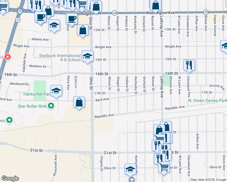 map of restaurants, bars, coffee shops, grocery stores, and more near 4404 Victory Avenue in Racine