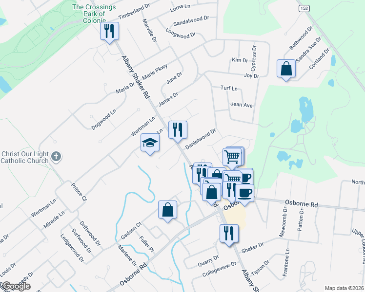 map of restaurants, bars, coffee shops, grocery stores, and more near 2 Danielwood Drive in Albany