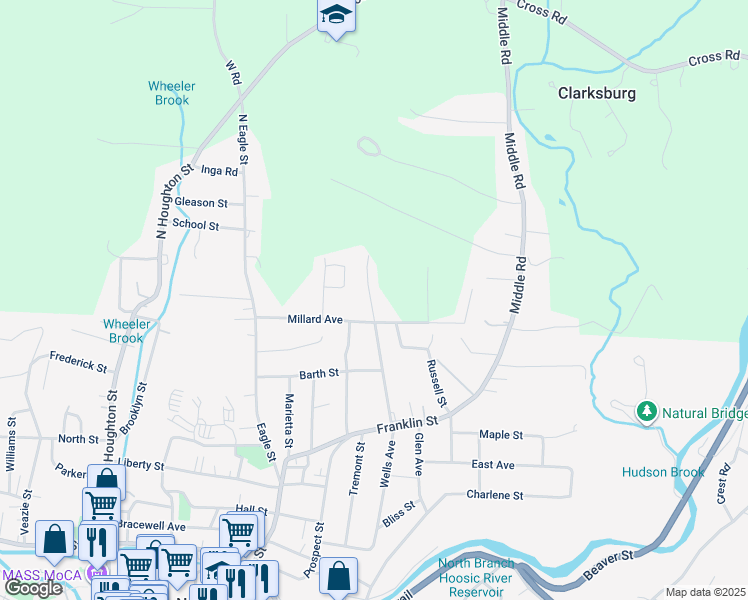 map of restaurants, bars, coffee shops, grocery stores, and more near 330 Wells Ave in North Adams