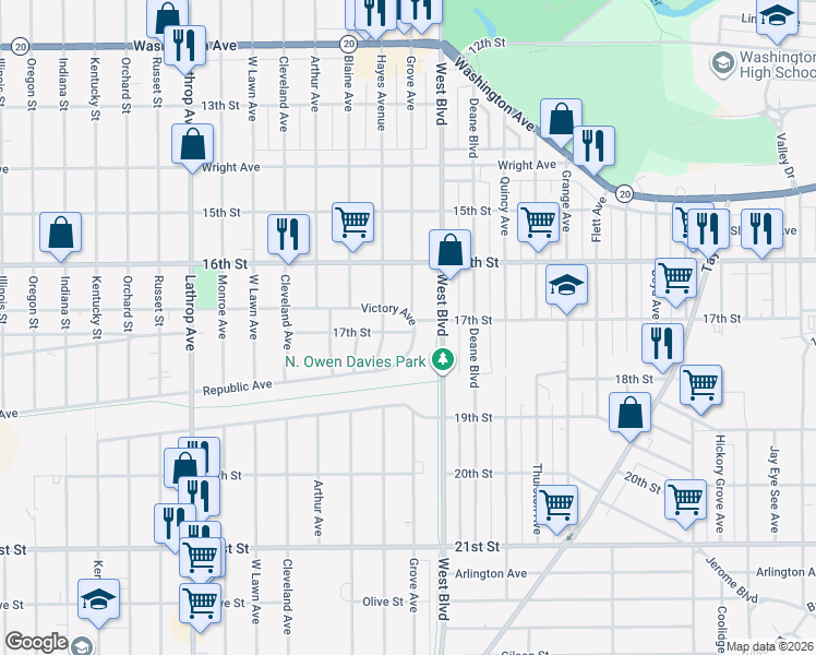 map of restaurants, bars, coffee shops, grocery stores, and more near 1638 Grove Avenue in Racine
