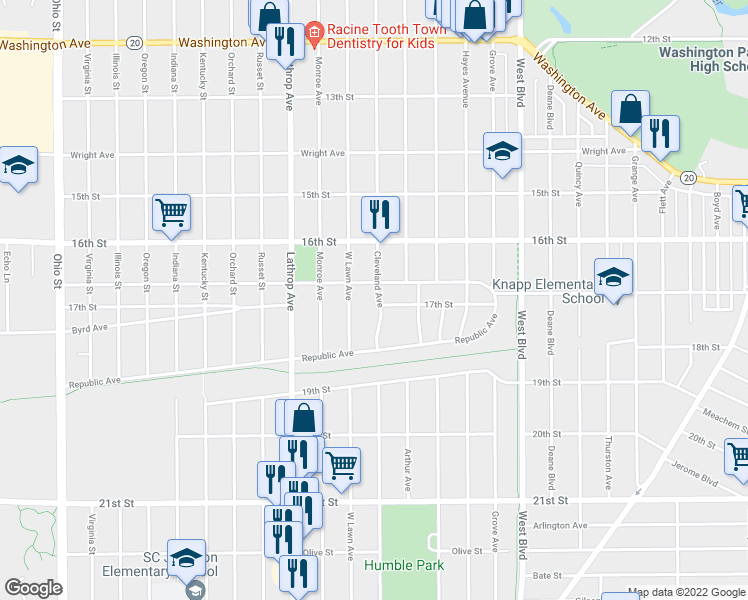 map of restaurants, bars, coffee shops, grocery stores, and more near 1666 Cleveland Avenue in Racine