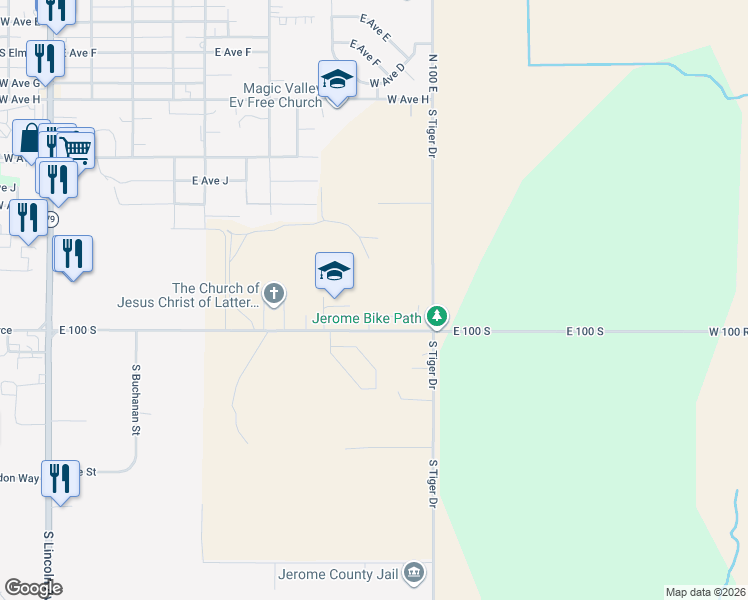 map of restaurants, bars, coffee shops, grocery stores, and more near 72-90 East 100 South in Jerome