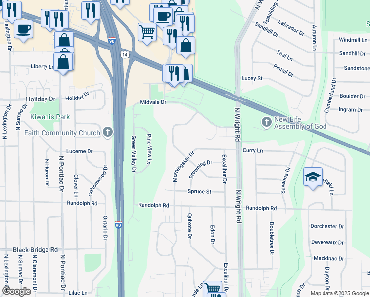 map of restaurants, bars, coffee shops, grocery stores, and more near 3205 Greenwood Drive in Janesville