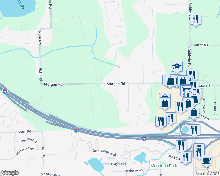 map of restaurants, bars, coffee shops, grocery stores, and more near 3916 Morgan Road in Orion charter Township