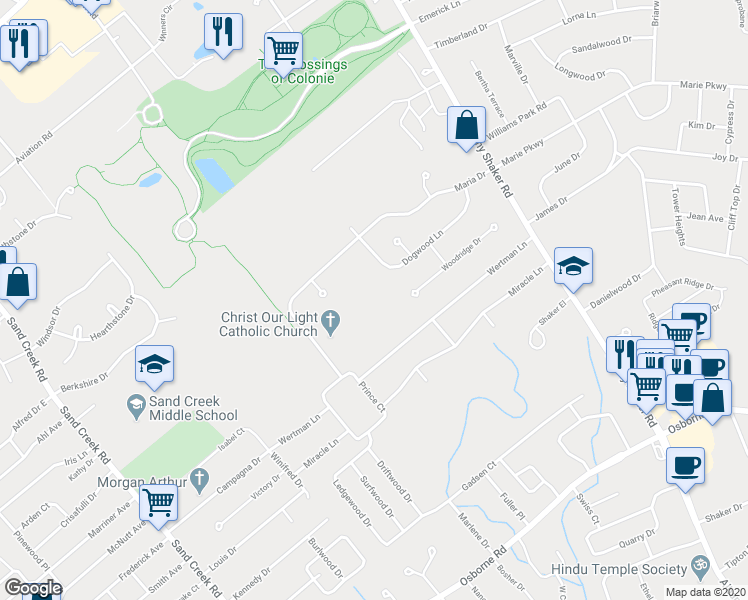 map of restaurants, bars, coffee shops, grocery stores, and more near 1A Maria Drive in Albany