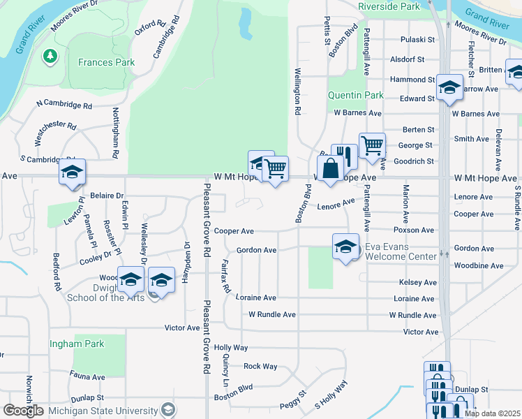map of restaurants, bars, coffee shops, grocery stores, and more near 2001 West Mount Hope Avenue in Lansing