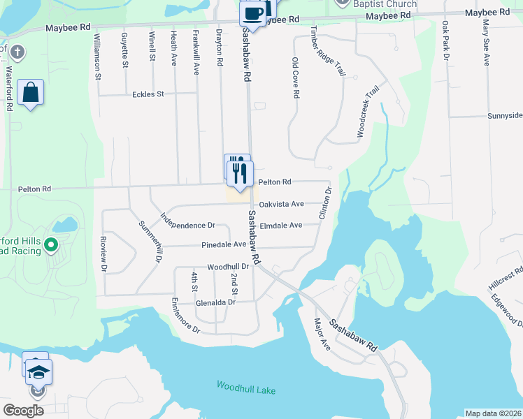 map of restaurants, bars, coffee shops, grocery stores, and more near 4924 Sashabaw Road in Clarkston