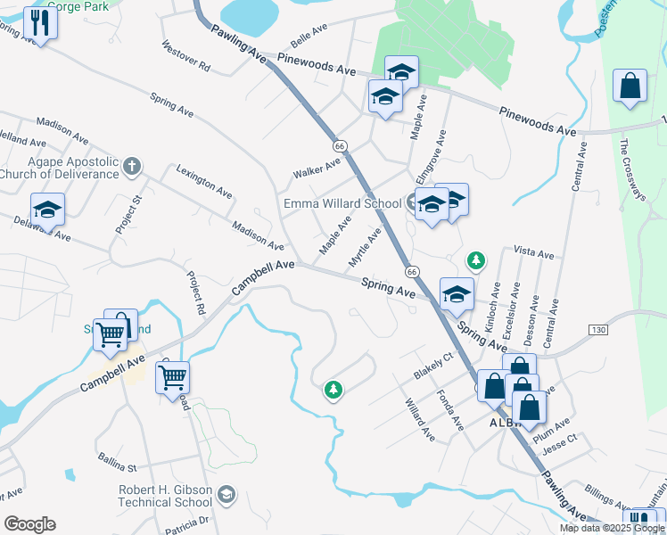 map of restaurants, bars, coffee shops, grocery stores, and more near 1 Myrtle Avenue in Troy