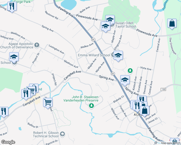map of restaurants, bars, coffee shops, grocery stores, and more near 1 Myrtle Avenue in Troy