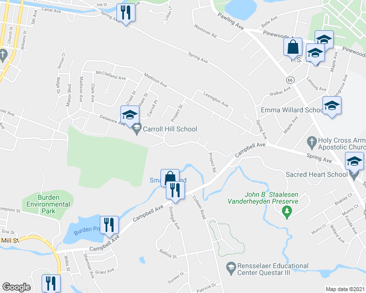 map of restaurants, bars, coffee shops, grocery stores, and more near 114 Project Road in Troy