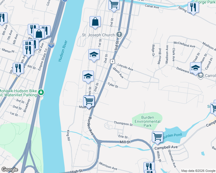 map of restaurants, bars, coffee shops, grocery stores, and more near 39 Tyler Street in Troy